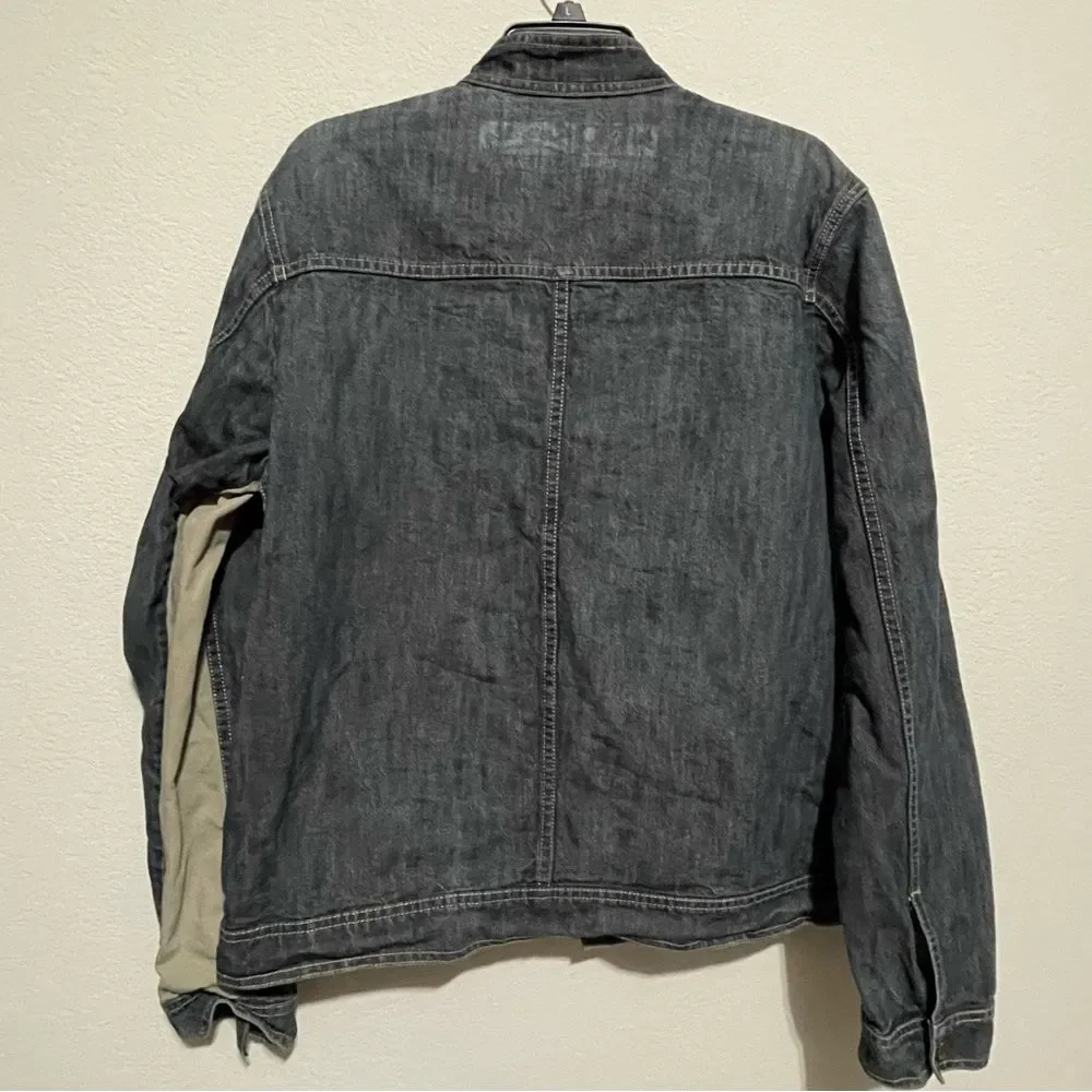Men’s Two-Tone Denim Jean Jacket Beige Contrast Panels Zip Chest Pocket L 54Surf